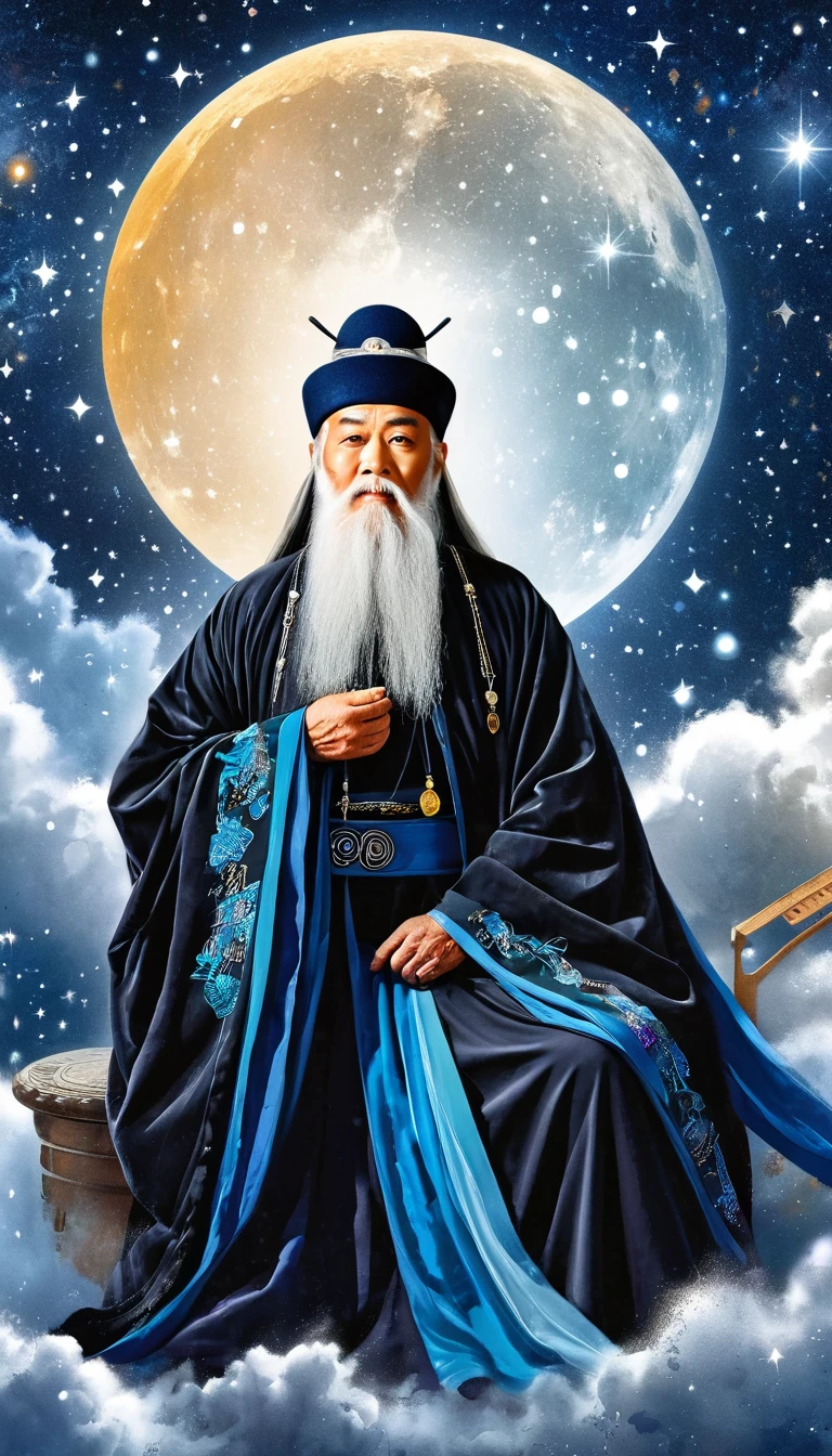 Oriental Fortune Teller，The old immortal on the top of the stars，Elders，White beard and long white eyebrows，（Wear an official hat，Kongming Hat），Black loose hanfu robe，Looking at the stars，Galaxy Tai Chi Bagua Diagram，artistic conception，large quantities of，Runes，Luminescence，Dream
