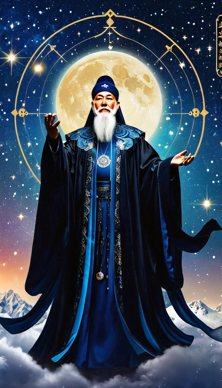 Oriental Fortune Teller，The old immortal on the top of the stars，Elders，White beard and long white eyebrows，（Wear an official hat，Kongming Hat），Black loose hanfu robe，Looking at the stars，Galaxy Tai Chi Bagua Diagram，artistic conception，large quantities of，Runes，Luminescence，Dream
