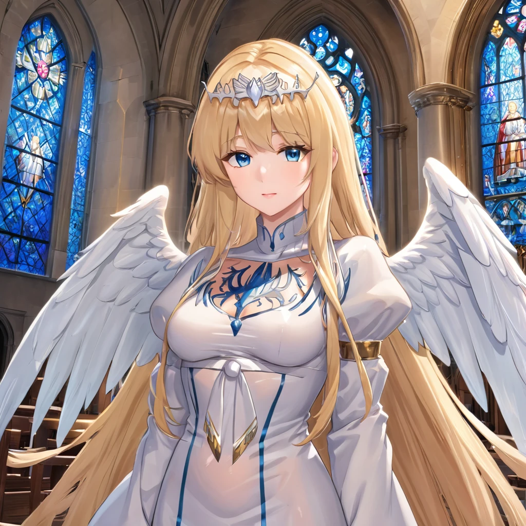 1angel,solo, calca, blonde hair, ,( extremely long hair:1.3), very long hair, extra long hair, white tiara, white dress, blue eyes,Calca Bessarez, medium breast,Calca, indoor, church, cathedral, stained glass, close up, upper body, extremely large white wings, angel feature wings, halo
