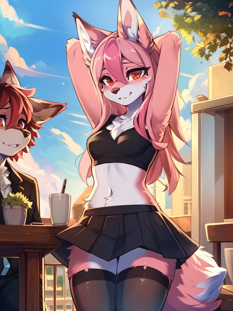 from Kenketa, Ross Tran, Ruan Jia, mumps, Foxovh, от zackary911, от Hyattlen, on a terrace, by Fumiko, от Pixelsketcher, by Bayard Wu, Thomas Benjamin Kennington, from Einshelm, from Kilina, by Coffeesoda, from Hyoshiru, from down-kevlar, от r-mk, by Dimwitdog, fluffy, Nazuna_hiwatasi, antro, Female, One, standing, mocking look, (half-closed eyes), pink hair, pink tail, (white for girls, blues skirt, high stockings), (Red eyes), I look at the viewer, (Medium breasts, hips), (Fox), Class, (hands above head), (pink body, two-tone fur),corpo todo