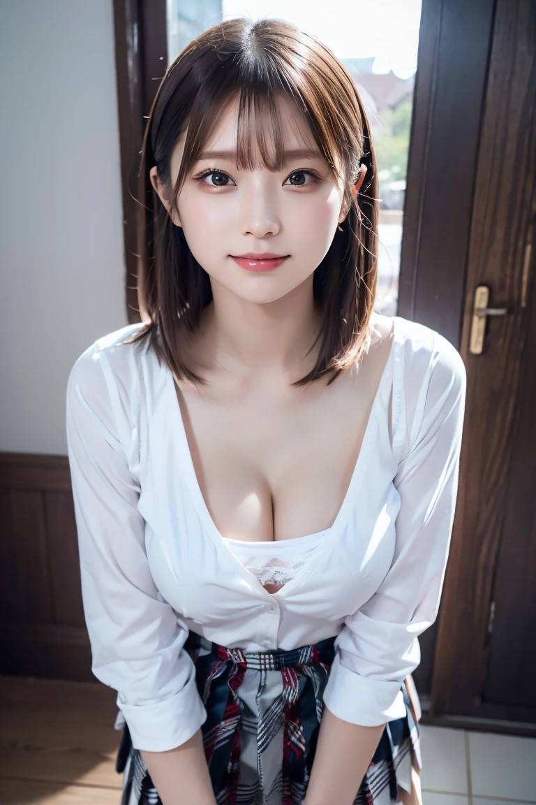 smile、night、Raw photo、(((ultimate beauty portrait)))、((glowing skin))、1 girl、15 year old beautiful girl from Prague、bright look、((brown hair))、(cleavage)、(plaid pleated skirt:1.5)、((Big eyes that shine like jewels))、open cardigan、open your clothes、pantyhose、Glossy and glossy skin、(medium hair)、(silky ponytail hair)、(standing)、(from below)、under the skirt、under the skirt、(from belowClose-up of underwear)、eyeliner、beautiful bangs、hair between eyeasterpiece、最high quality、super detailed、film light、intricate details、High resolution、very detailed))、detailed background、8 KUHD、Digital single-lens reflex camera、soft light、high quality、film grain、Fujifilm XT3 、shallow depth of field、natural soft light、Kamimei、rich bust