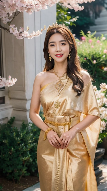 detailed face, Clear face, beautiful girl, Asian makeup, red lips, light brown hair, big crown, flowers in hair, Medium body, big breasts, Thai dress, Ancient Thai, Medium sexy dress,red pink dress, gold design, shine, Sequins, gem, beads , Crossbody jewelry, arm jewelry, bangle,HD, The body is full of, evening light, flower garden background, measure, palace, waterfall, cherry blossoms, beautiful smile