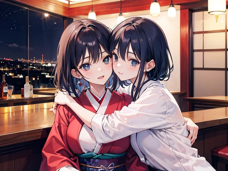 Two women hugging,Japanese clothing,Bar district,Unbuttoned,I'm drunk,Midnight,Adult atmosphere,Change of clothes,Enchanted