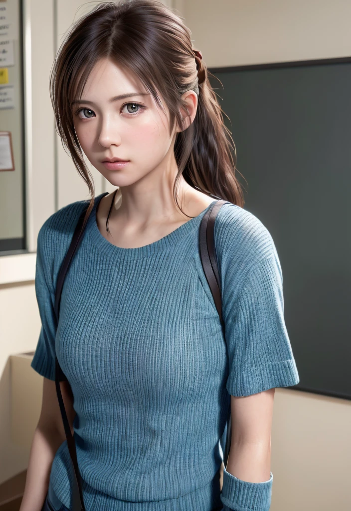 8K, of the highest quality, masutepiece:1.2), (Realistic, Photorealsitic:1.37), of the highest quality, masutepiece, Beautiful young woman, Pensive expression, Thoughtful look, female doctor teacher, Hair tied back, Messy mood, Cinematic background, Tired, Light skin tone