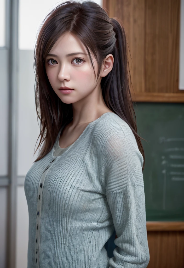 8K, of the highest quality, masutepiece:1.2), (Realistic, Photorealsitic:1.37), of the highest quality, masutepiece, Beautiful young woman, Pensive expression, Thoughtful look, female doctor teacher, Hair tied back, Messy mood, Cinematic background, Tired, Light skin tone