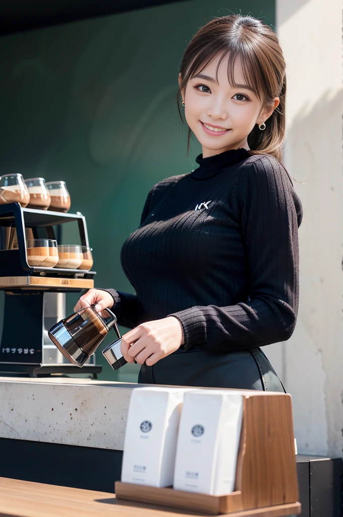 Northern Europe、Supermodel、Black tight shirt、A cashier giving a blowjob