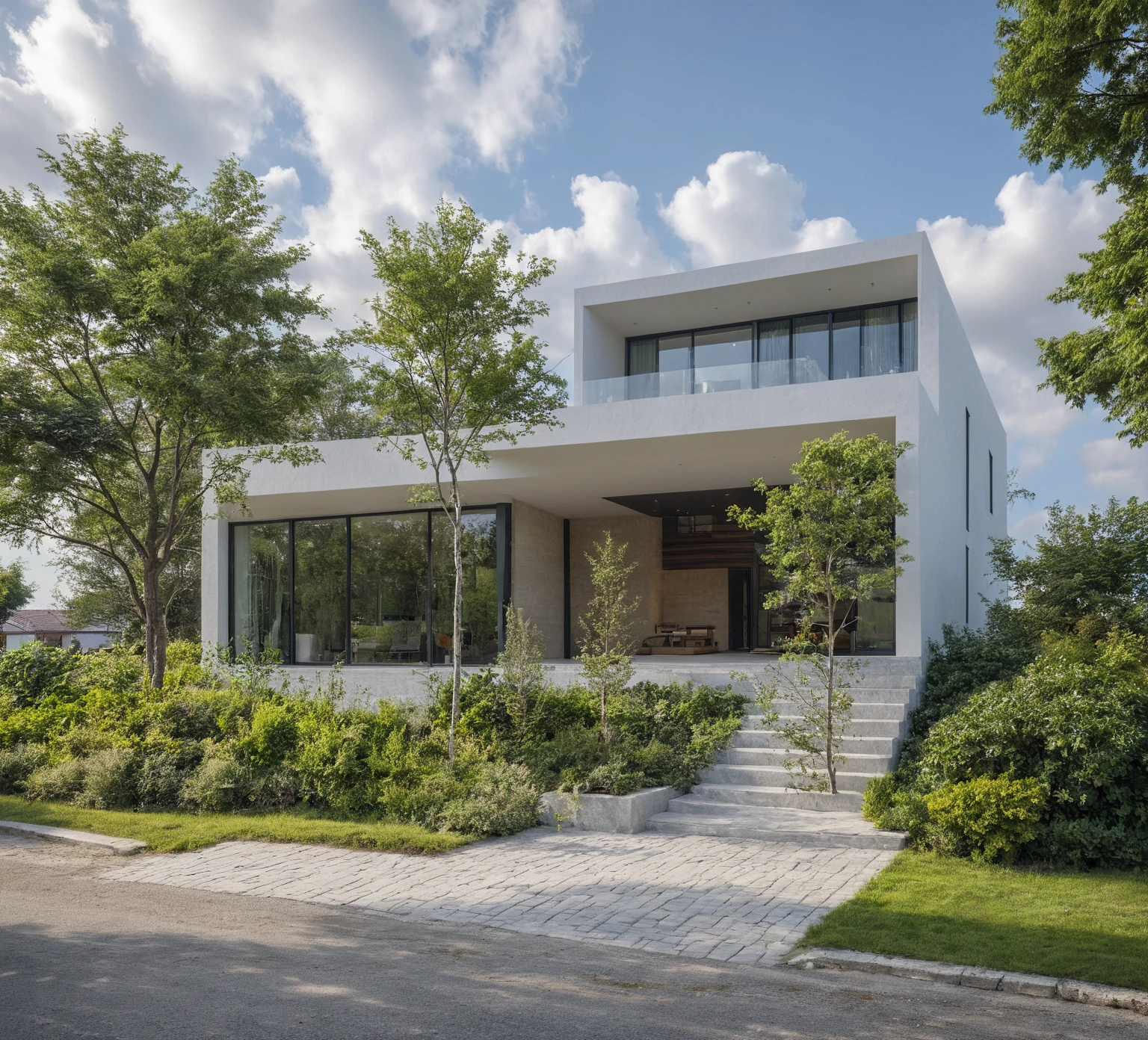 Masterpiece, high quality, best quality, authentic, super detail, outdoors, onestoreyvillaXL, aiaigroup, house style modern on the street ,stairs, white wall ,road,pavement, grass, trees, sky, cloud, (daylight:1.1)