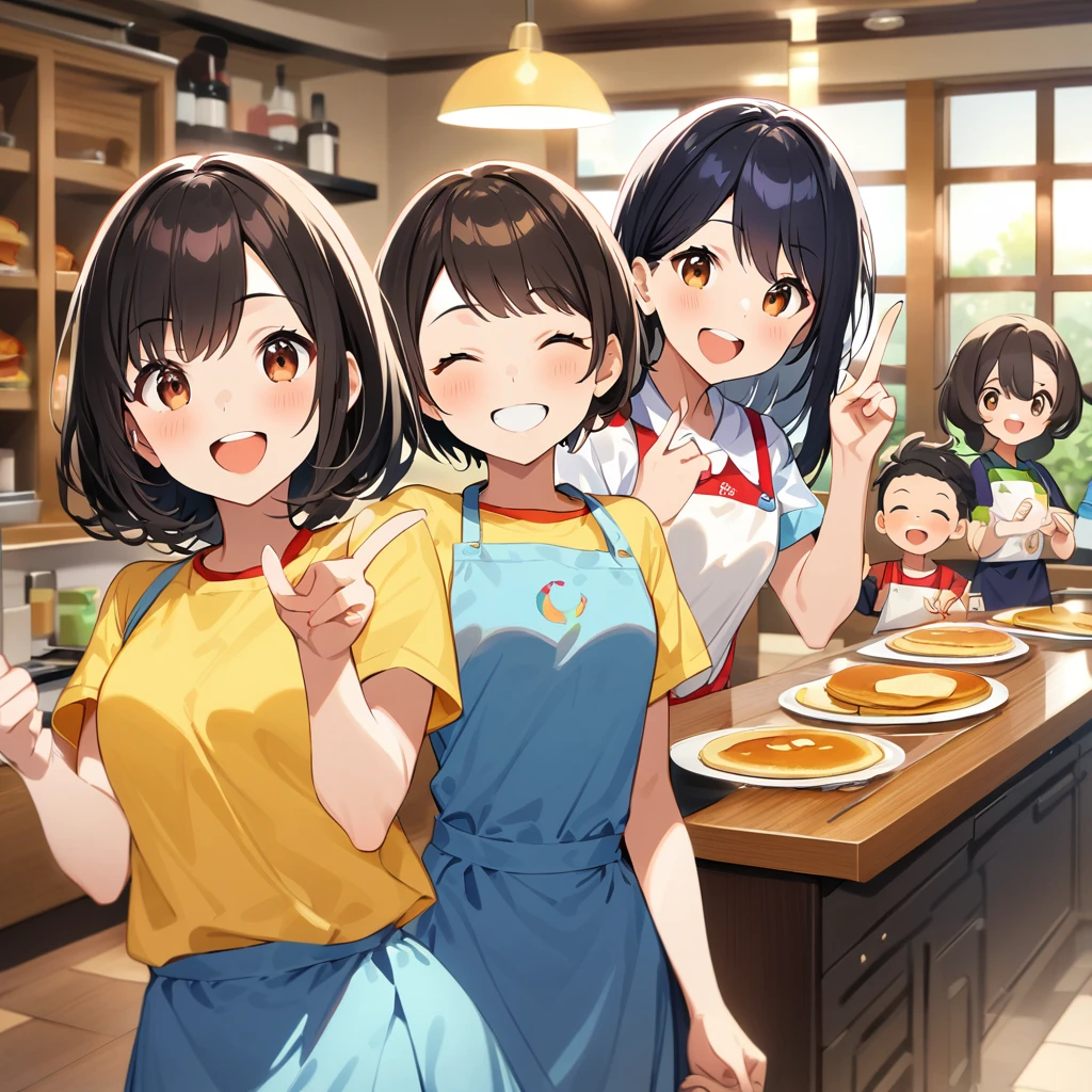 A confident smile, Home kitchen with large windows,Smiling children and their mothers,短いBlack Hair, Brown eyes,Brown Skin,When two students are talking、He is making a gesture that resembles a peace sign. (Tele from the restaurant), skirt, Black Hair, indoor, Make pancakes, shirt, ((((Complete faithful finger))))