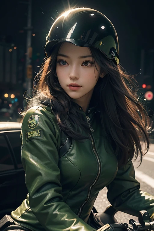 Highest image quality, outstanding details, Ultra high resolution, (Realism: 1.4), best illustration, I prefer details, very tight 1 girl, with a gentle and beautiful face, dressed in black and green fur, in a mechanical helmet, holding a direction controller, riding a motorcycle, background - high-tech light scene of the city of the future.
