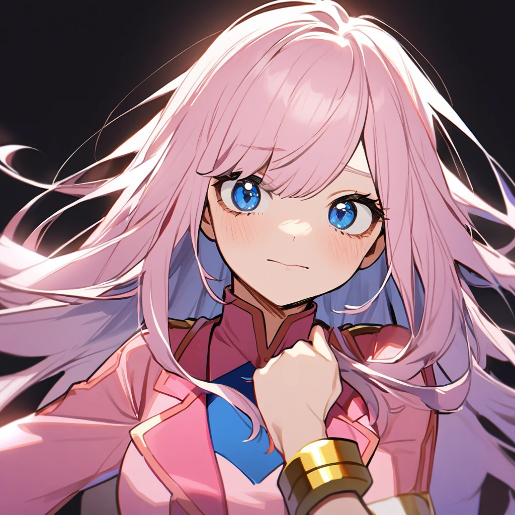 1 girl in the style of Boku no Hero, light pink hair, long hair, hair with blue tips, clear blue eyes, pink heroine uniform, gold bracelets,White background,half smile, tilted face