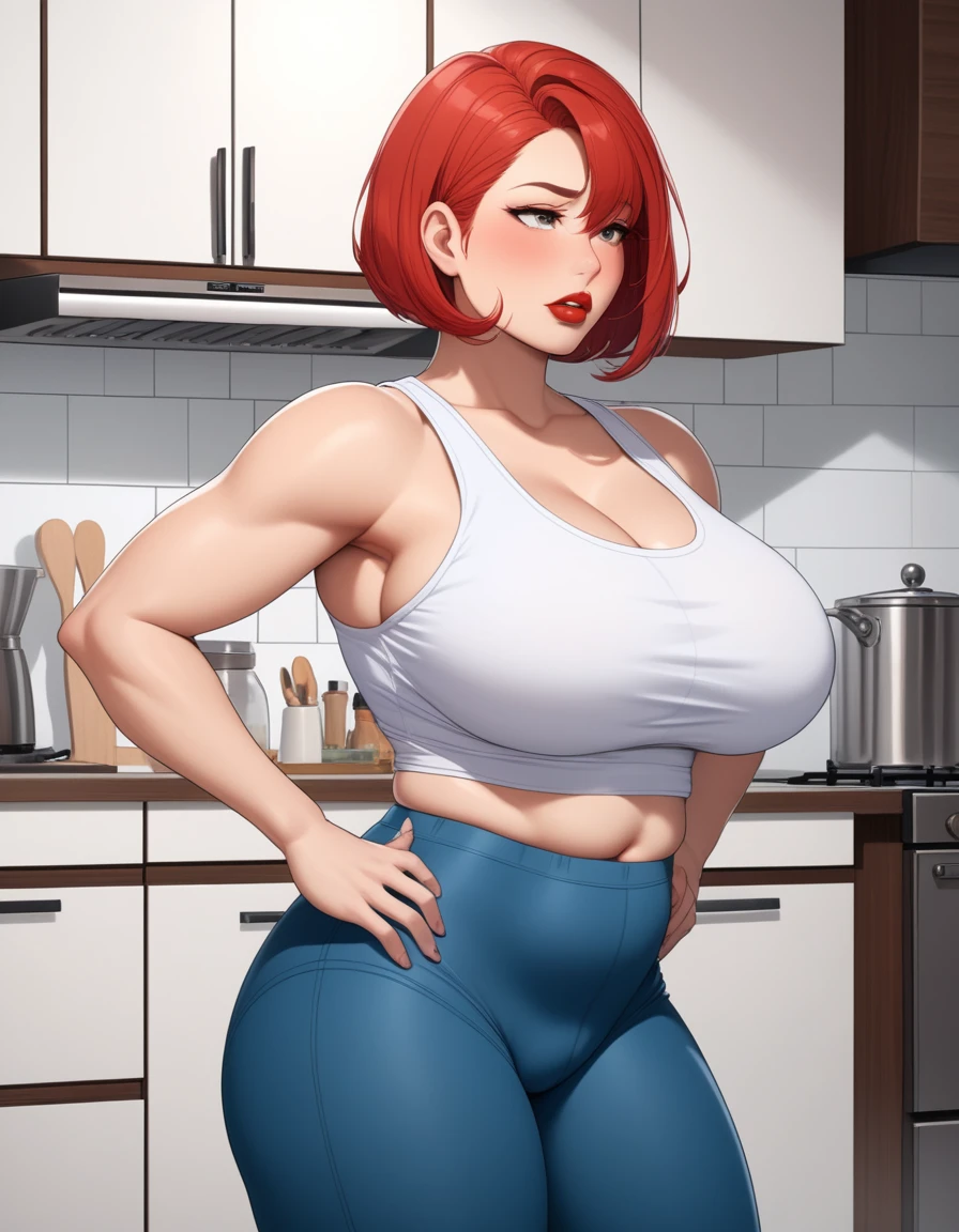 Masterpiece, hi res, absurdres, Best Quality, 4K, detailed, HD, solo,male, feminine , androgynous, tall, huge breasts,thick, prominent lips, red lipstick,curvy, short red hair, Bob cut, bulging crotch,male, large bulge,bulge, penis outline on clothes, large penis,daddy, blushing, looking away, white tank top, blue yoga pants, kitchen 