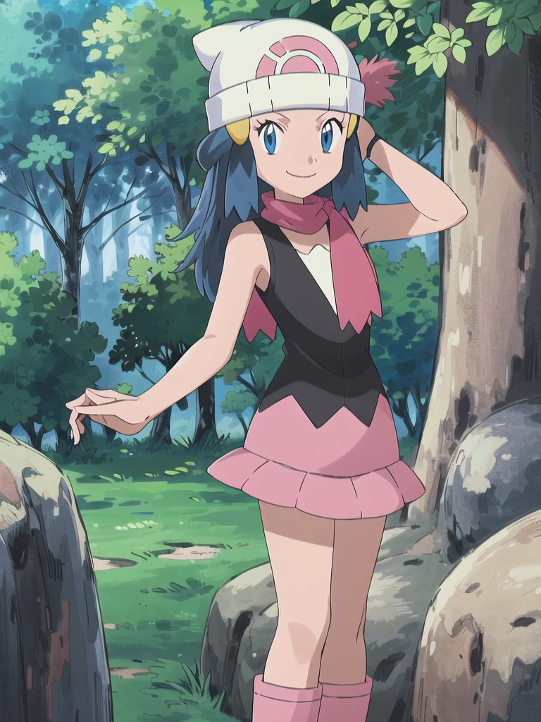 masterpiece, best quality, 1girl, dawn \(pokemon\), beanie, long hair, blue hair, blue eyes, black sleeveless shirt, pink scarf, pink skirt, pink boots, smile, looking at viewer, forest background
