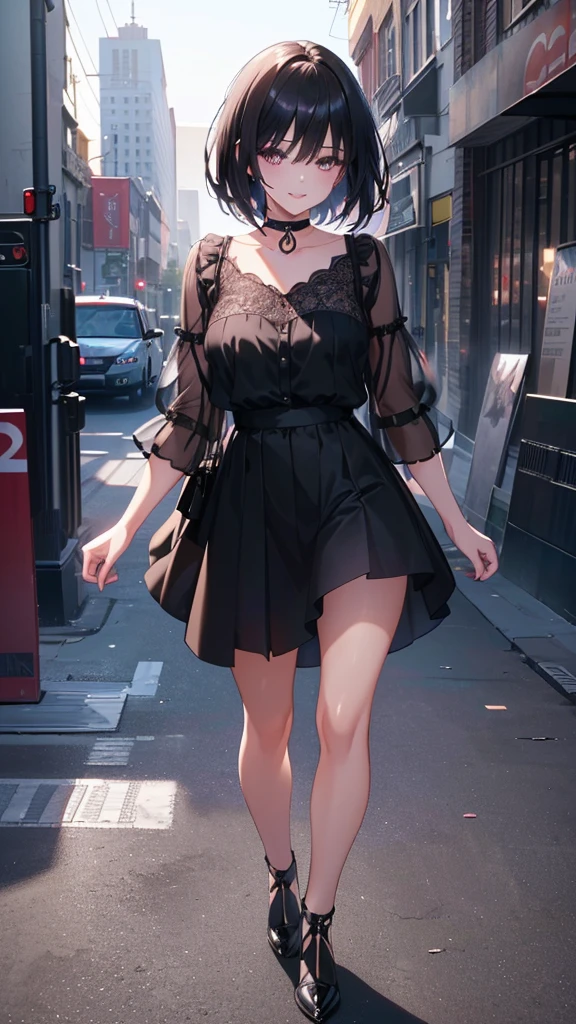 (beautiful girl, 1 girl, short dark hair, choker, sharp eyes, beautiful detailed eyes, beautiful detailed lips, extremely detailed eyes and face, long eyelashes, cool expression, smiling, red and black outfit, mini skirt, full body, city background), (best quality, 8k, highres, masterpiece:1.2), (realistic, photorealistic:1.37), (anime, digital art, concept art)