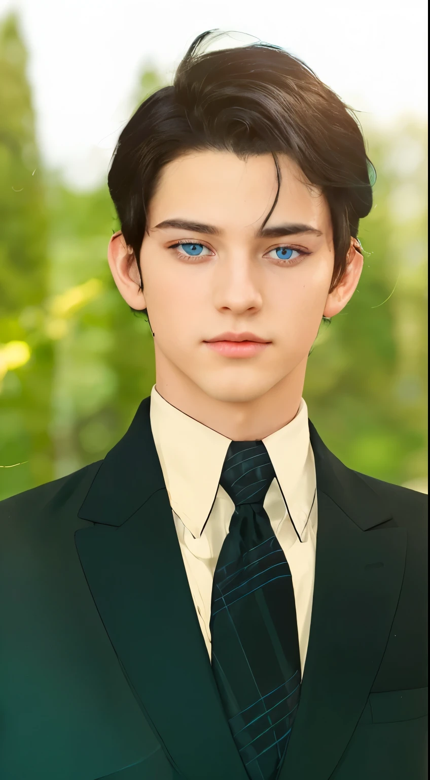 A beautiful and beautiful young prince with black hair with blue eyes realistic