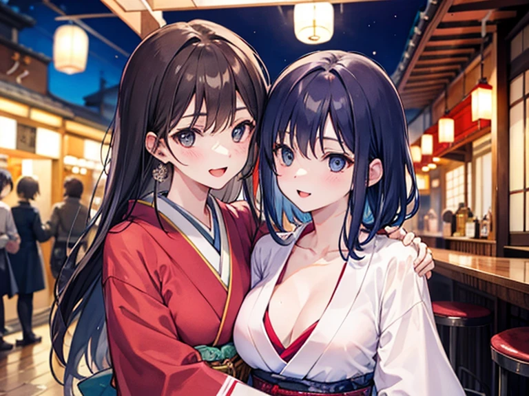 Two women hugging,Japanese clothing,Bar district,Unbuttoned,I'm drunk,Midnight,Adult atmosphere,Change of clothes,Enchanted
