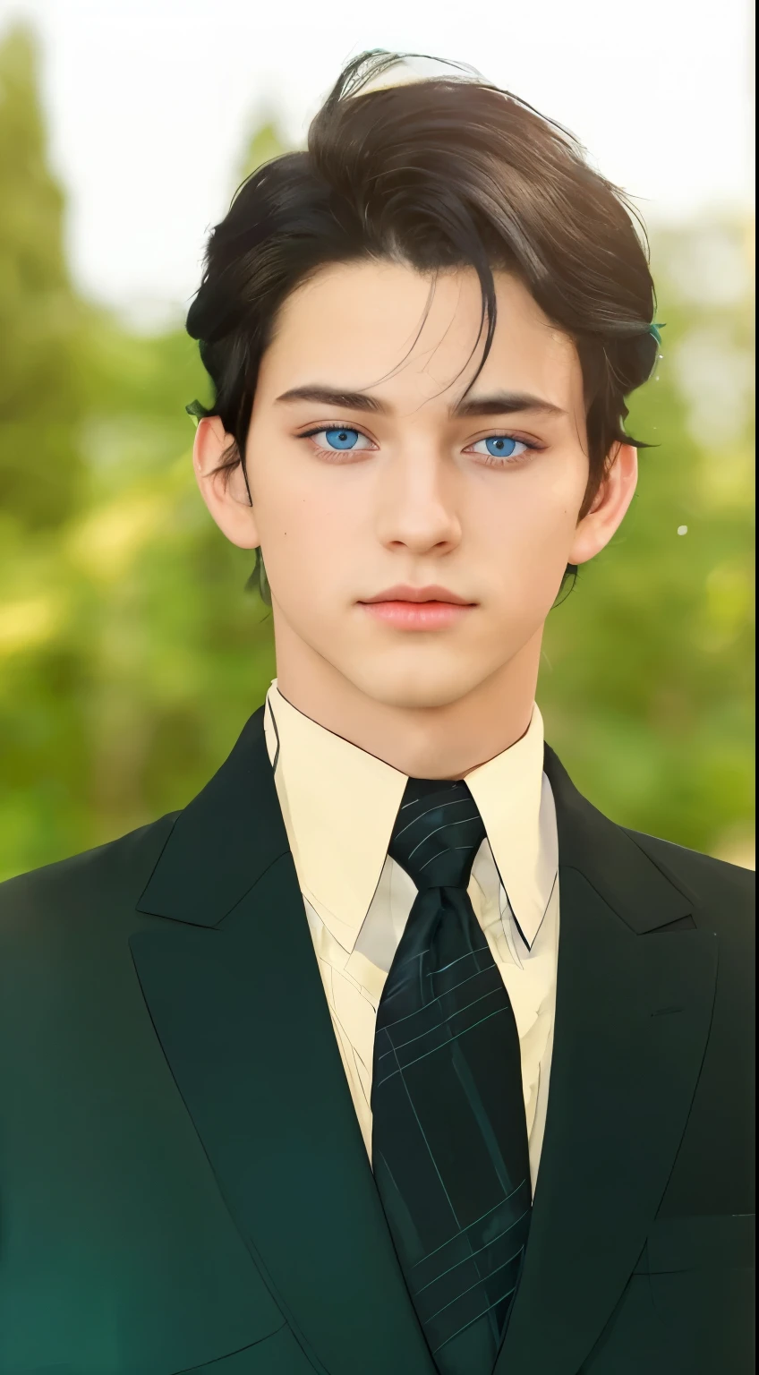 A beautiful and beautiful young prince with black hair with blue eyes realistic