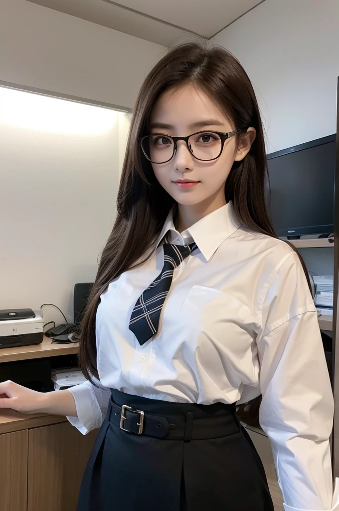 1girl, masterpiece, high_quality, office_uniform, glasses, brown_hair, white_shirt, black_tie