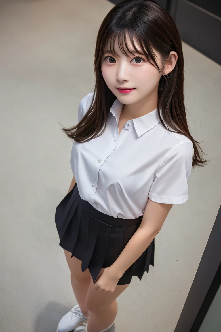 Highest quality, (beautiful)、White Business Shirt、Black Mini Tight Skirt、Close-up、Shoot from above