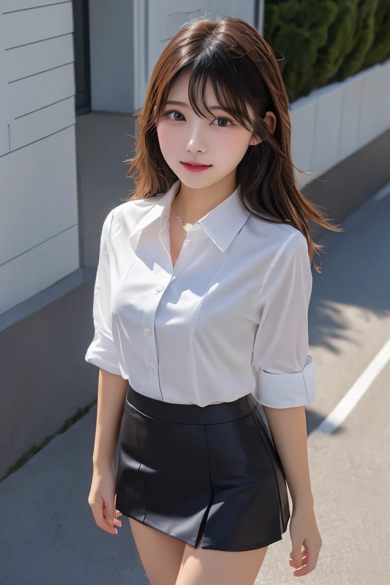 Highest quality, (beautiful)、White Business Shirt、Black Mini Tight Skirt、Close-up、Shoot from above