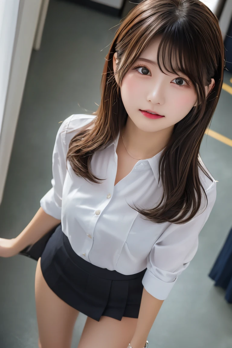 Highest quality, (beautiful)、White Business Shirt、Black Mini Tight Skirt、Close-up、Shoot from above