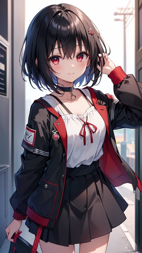 (masterpiece, highest quality, highest quality, (No text), Beautiful and aesthetic:1.2),No text,アニメ、BREAK,One Girl，Black Hair Girl　short hair　older sister　choker　Tree Eyes　Beautiful eyes　Red eyes　cool　smile　Red and Black　Black jacket　mini skirt　whole body　In town