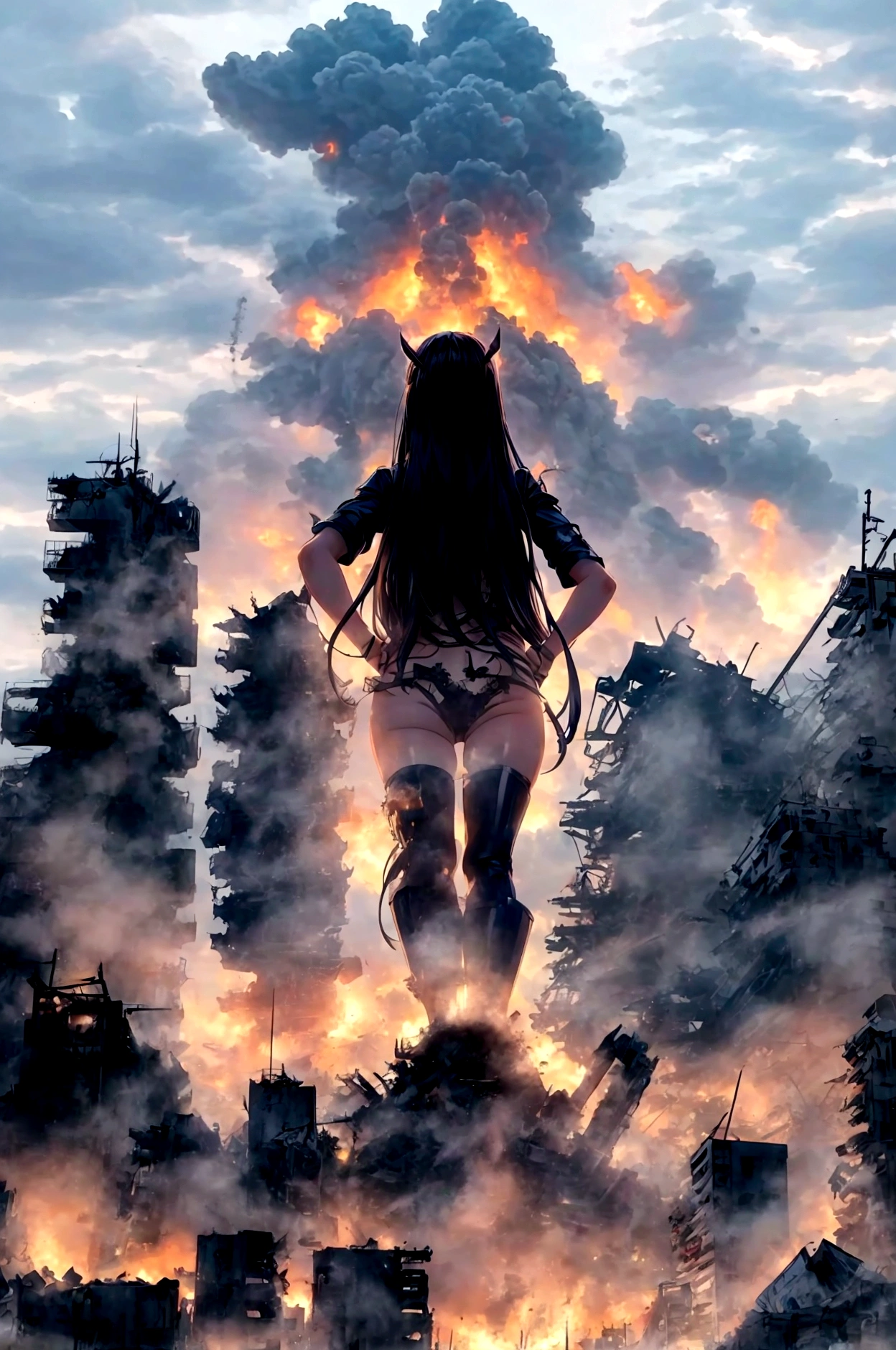 Anime illustration、Giantess、Hall々Stand with、Hands on hips、Angel of Destruction、Black Hair、Long Hair、Low - Angle、Destroyed small town、Destroyed Tokyo、City in Ruins、Smoke is rising、The fugitive々、A devastating landscape、Spectacular atmosphere
