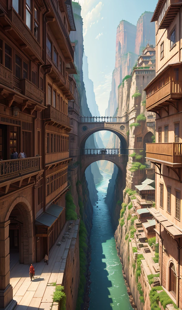 ((masterpiece)),((Highest quality)),((Attention to detail)),((Realistic,))
Industrial City, There is a deep canyon in the middle, Architecture Street, Bazaar, bridge, Wet day, steampunk, European architecture