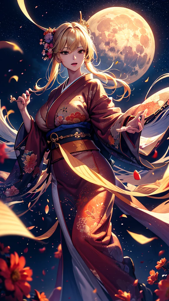 masterpiece, high quality, 4K, Beautiful design, silhouette,blonde, 非常に詳細な夜のStarry Sky,Flower Field, wonderful, Finer details, Very knowledgeable woman, Highly detailed solo, 1 female,Big Breasts,Red colored kimono,Night view,Starry Sky,full moon,