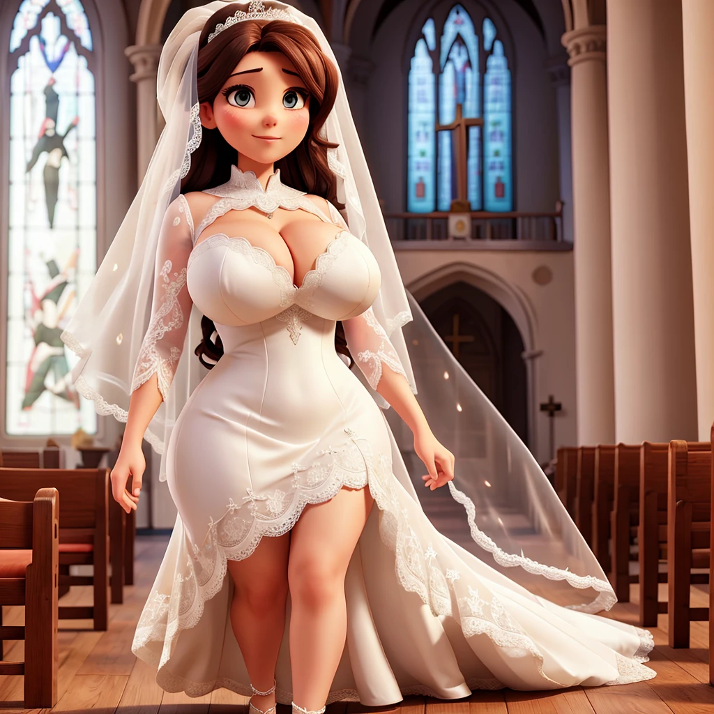 Woman with huge breasts wearing a lace wedding dress with a provocative neckline in the church