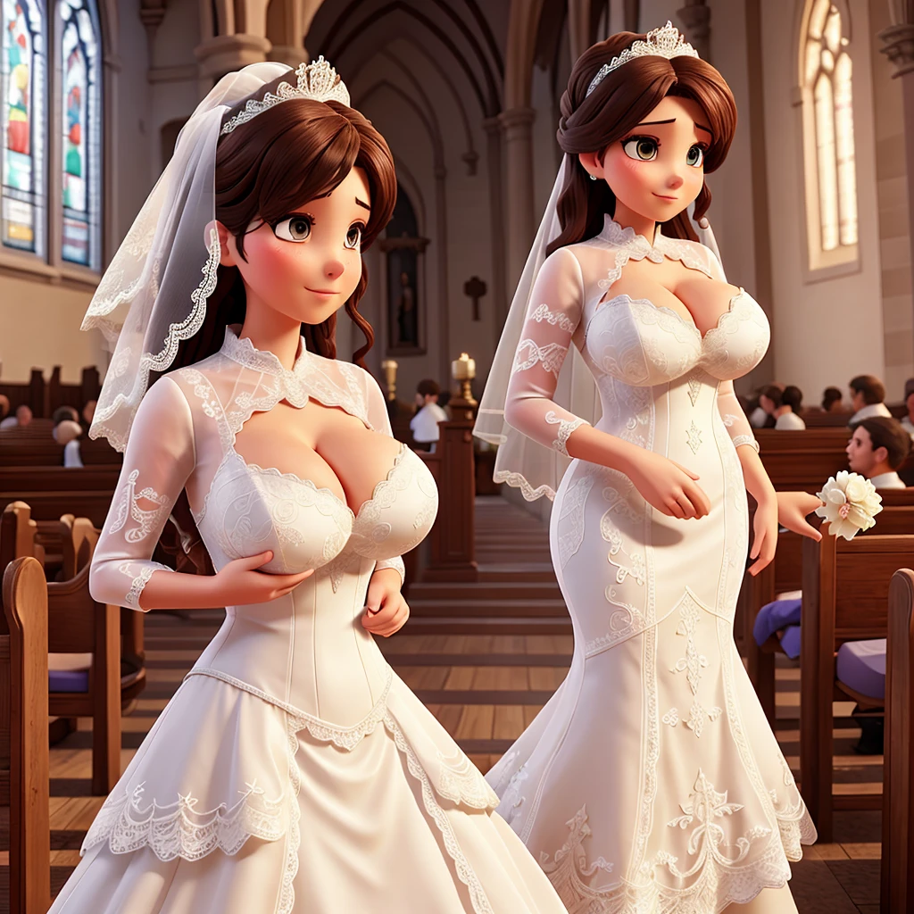 Woman with huge breasts wearing a lace wedding dress with a provocative neckline in the church