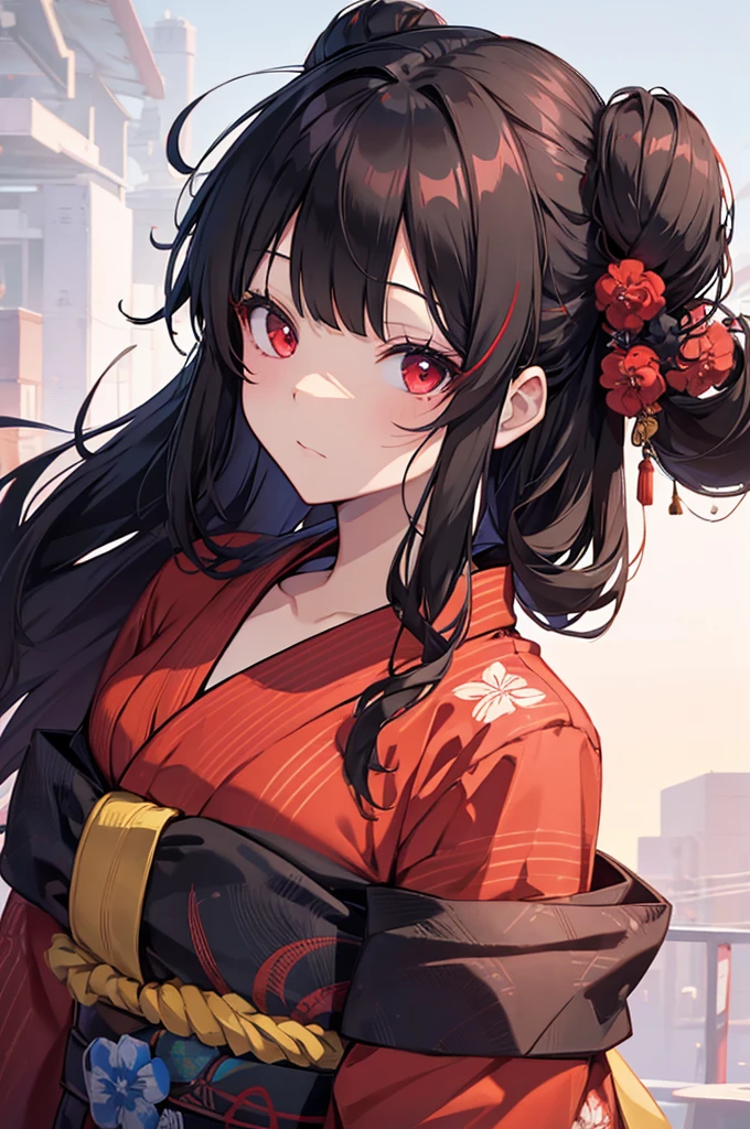 I am a beautiful girl. Wears a red yukata, has long black hair, and has red eyes. I has a mask on my head. crafty eyes. Looking down on lowly human beings.