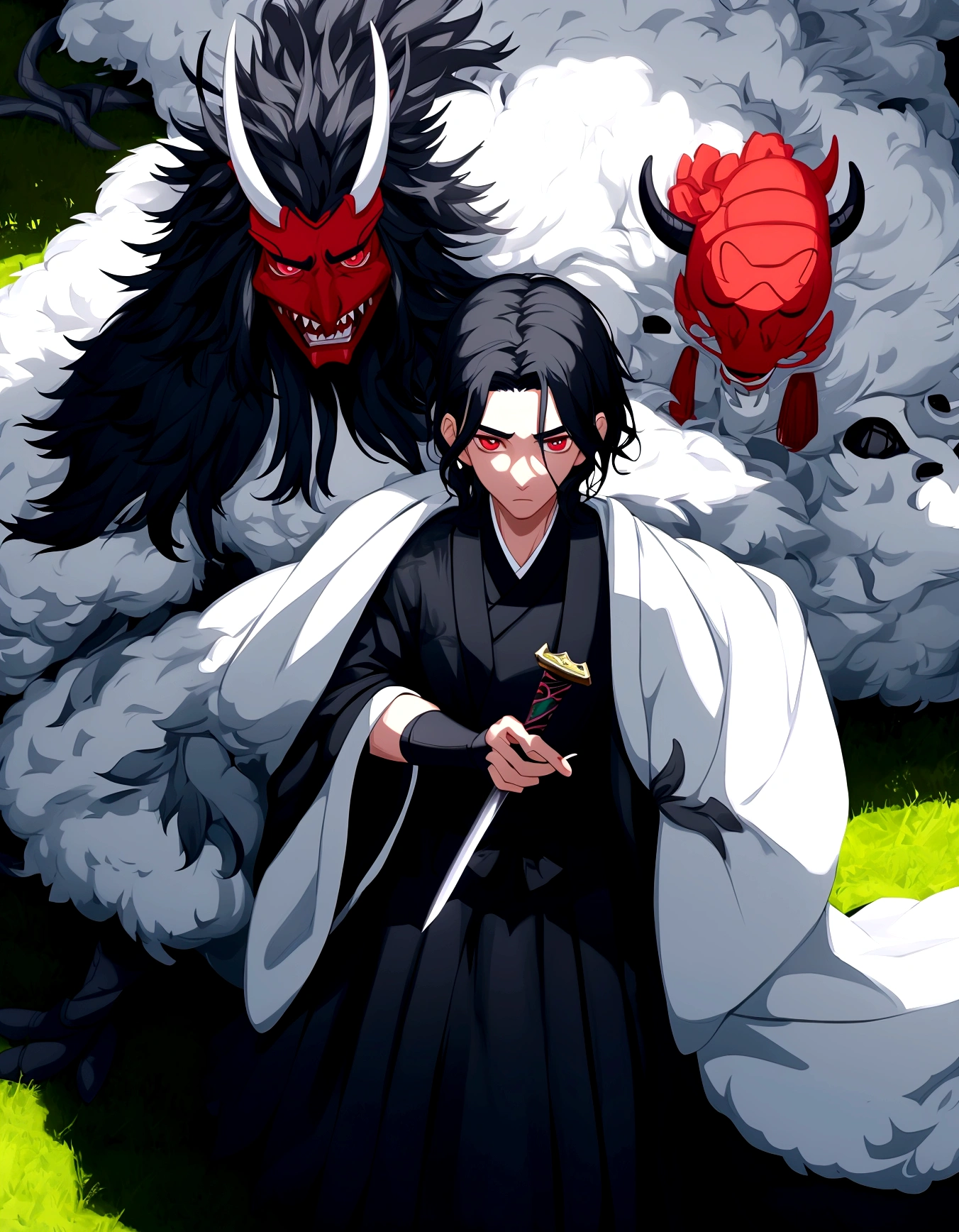 there are two men who are standing on the grass with a sword, cai xukun, still from a live action film, supper from live action movie, Japanese live action film, photoshoot, supper!!, cute japanese demon boy, he has dark gray hair, Live-action adaptation, miko, on set