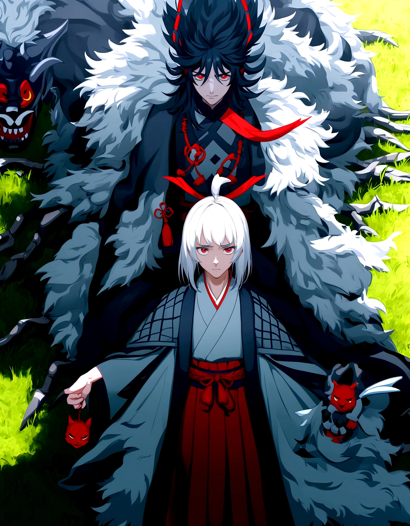 there are two men who are standing on the grass with a sword, cai xukun, still from a live action film, supper from live action movie, Japanese live action film, photoshoot, supper!!, cute japanese demon boy, he has dark gray hair, Live-action adaptation, miko, on set