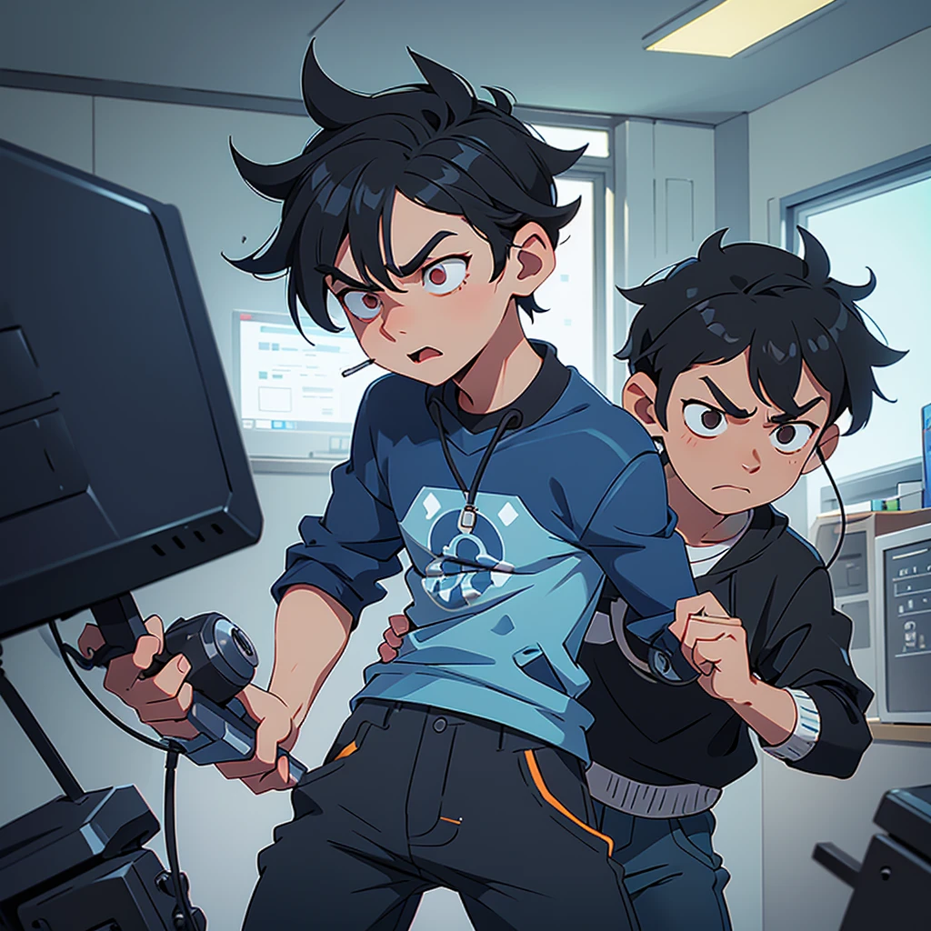 Boy with tired eyes, with black hair, kinda angry eyes, a pair of blue pants, with a headset, in a school 