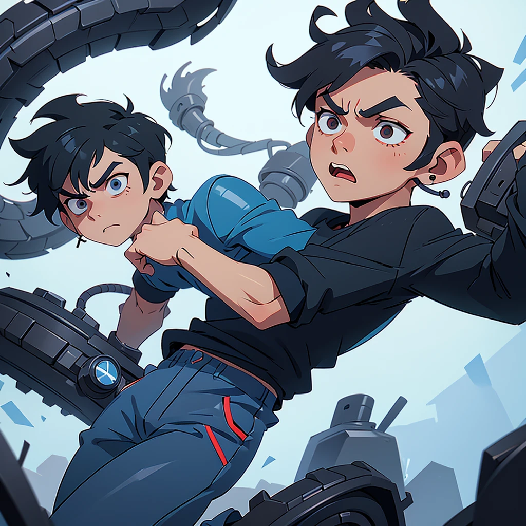 Boy with tired eyes, with black hair, kinda angry eyes, a pair of blue pants, with a headset, in a school 