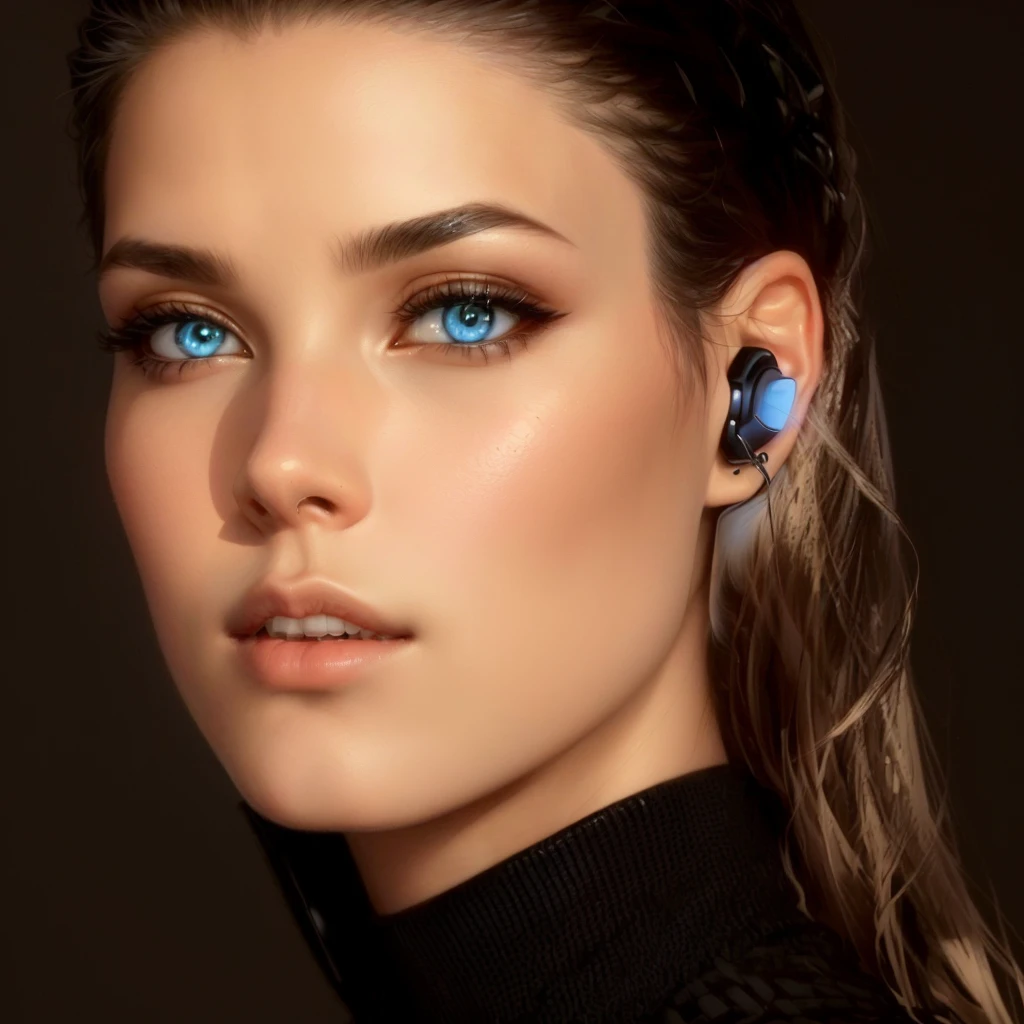 Wearing a black turtleneck sweater、Arav woman wearing blue headphones, Earplugs jewelry, With blue lights, Earplugs, With headphones, floating headsets, Jaw-dropping beauty, bling Earplugs, technology, sleek waterproof design, Oblique view, Stunning beauty, Integrate with the Northern Lights, byGabriel Ba, Next Generation, Shiny AirPods, Shining highlights