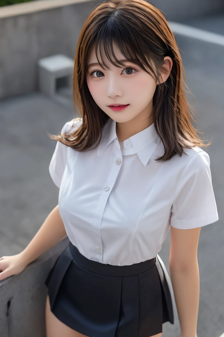 Highest quality, (beautiful)、White Business Shirt、Black Mini Tight Skirt、Close-up、Shoot from above、Soft 、Larger breasts