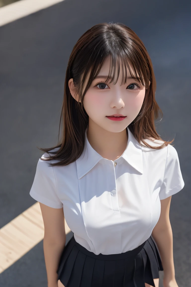 Highest quality, (beautiful)、White Business Shirt、Black Mini Tight Skirt、Close-up、Shoot from above、Soft 、Larger breasts