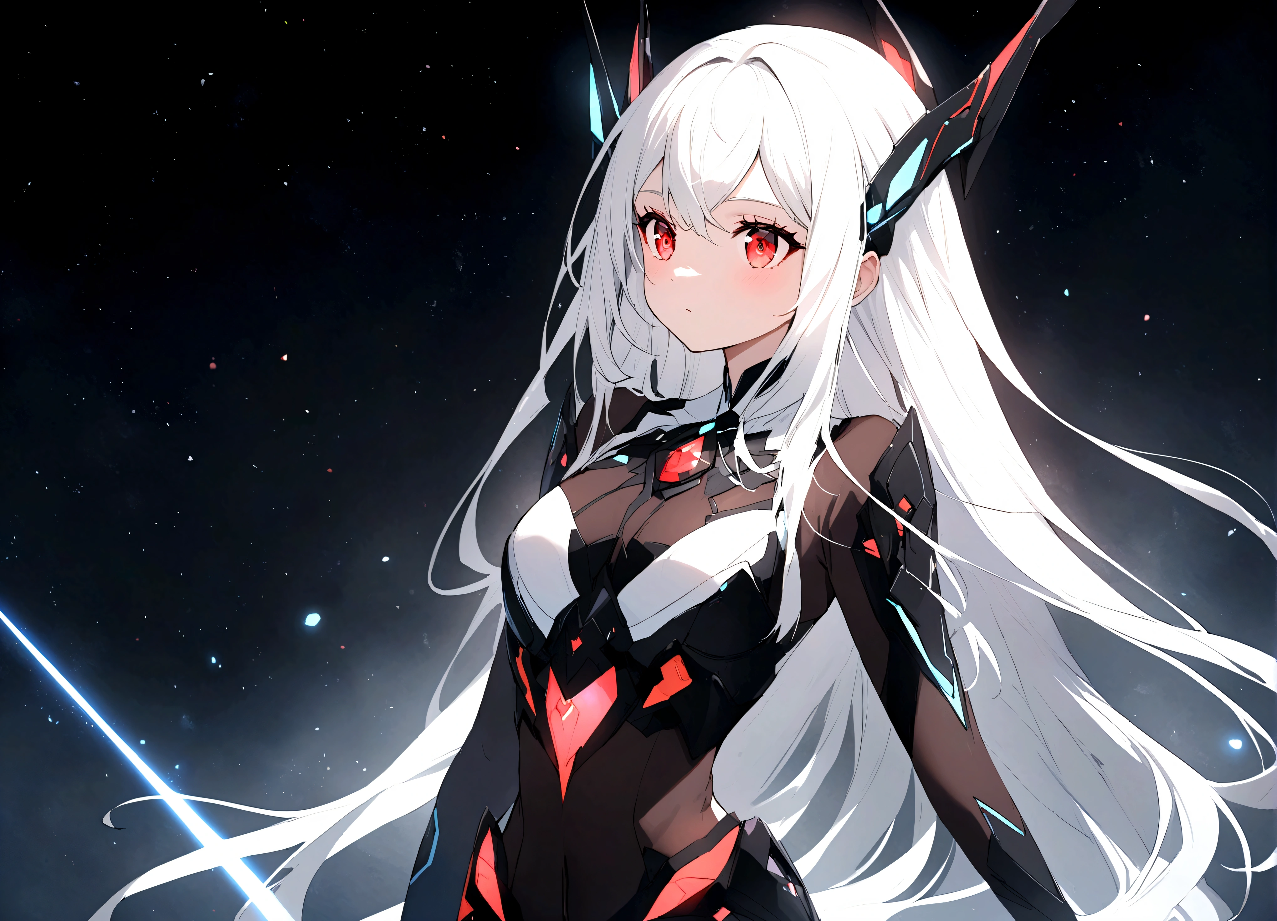 a futuristic magicalgirl, white long hair, red eyes, wearing a high detailed clearly futuristic magicalgirl outfit