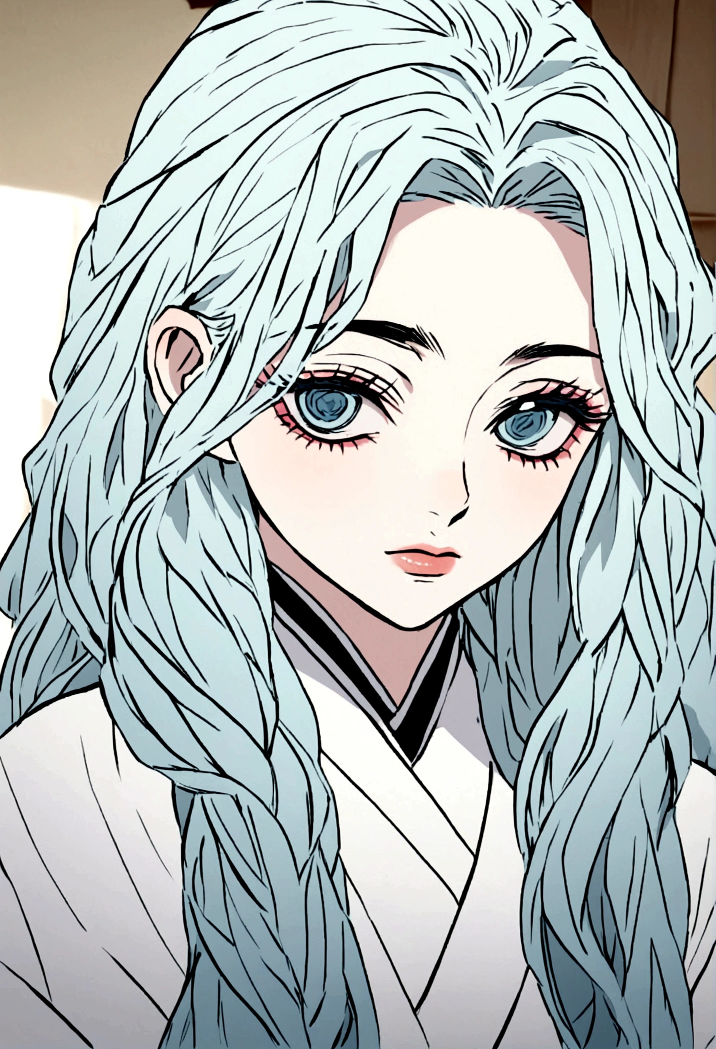 Screenshot of Kimetsu no Yaiba, White hairedwoman, light blue eyes,long hair 
