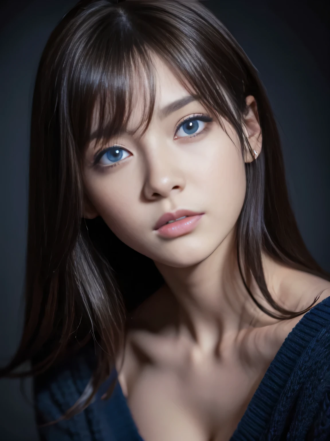 masterpiece, best quality, ultra-detailed, intricately detailed hyperdetailed, realistic, sharp features, highly detailed, sharp focus, (Japanese idol:1.3), 19 years old, perfect face, perfect and delicate Blue eyes, perfect full lips, flexible female form, cinematic, hyper detailed, hyper realistic, high resolution, gloomy shadow, brown hair, messy hair, Black sweater, portrait, head shot, blue and purple lighting, (Dark room:1.3), (rim light:1.3), (Dimly light:1.3), (Dark night:1.3), Indoors, (dark fantasy), 