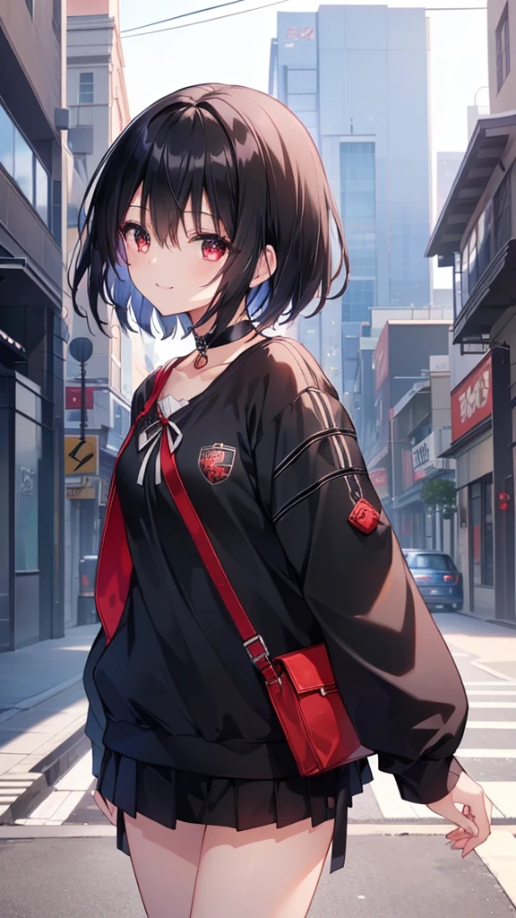 (masterpiece, highest quality, highest quality, (No text), Beautiful and aesthetic:1.2),No text,アニメ、BREAK,One Girl,Black Hair Girl short hair older sister choker Tree Eyes Beautiful eyes Red eyes cool smile Red and Black Black jacket mini skirt whole body In town