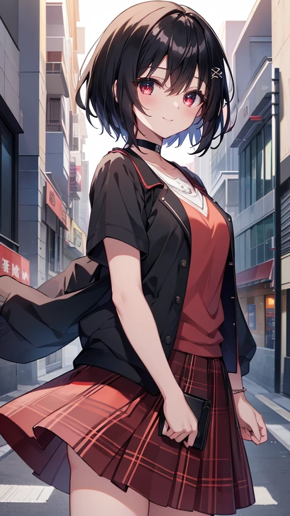 (masterpiece, highest quality, highest quality, (No text), Beautiful and aesthetic:1.2),No text,アニメ、BREAK,One Girl，Black Hair Girl　short hair　older sister　choker　Tree Eyes　Beautiful eyes　Red eyes　cool　smile　Red and Black　Black jacket　mini skirt　whole body　In town