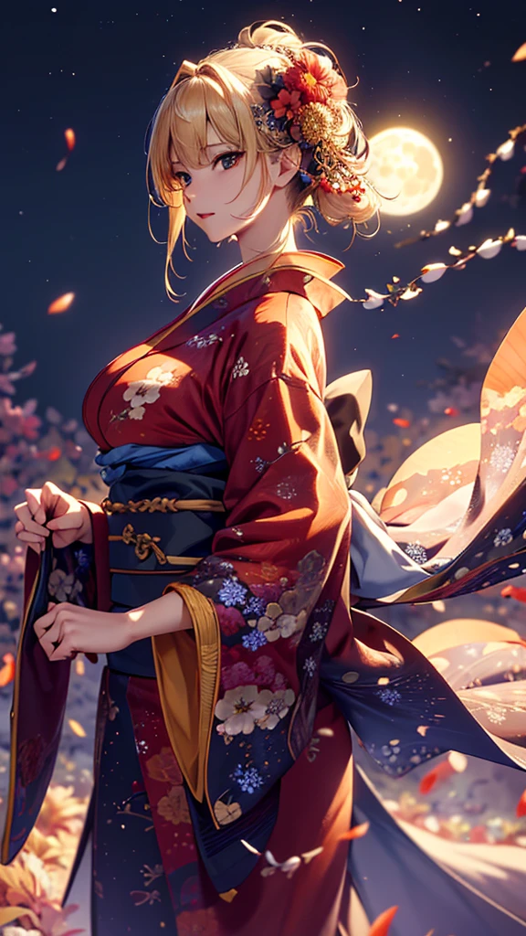 masterpiece, high quality, 4K, Beautiful design, silhouette,blonde, 非常に詳細な夜のStarry Sky,Flower Field, wonderful, Finer details, Very knowledgeable woman, Highly detailed solo, 1 female,Big Breasts,Red colored kimono,Night view,Starry Sky,full moon,
