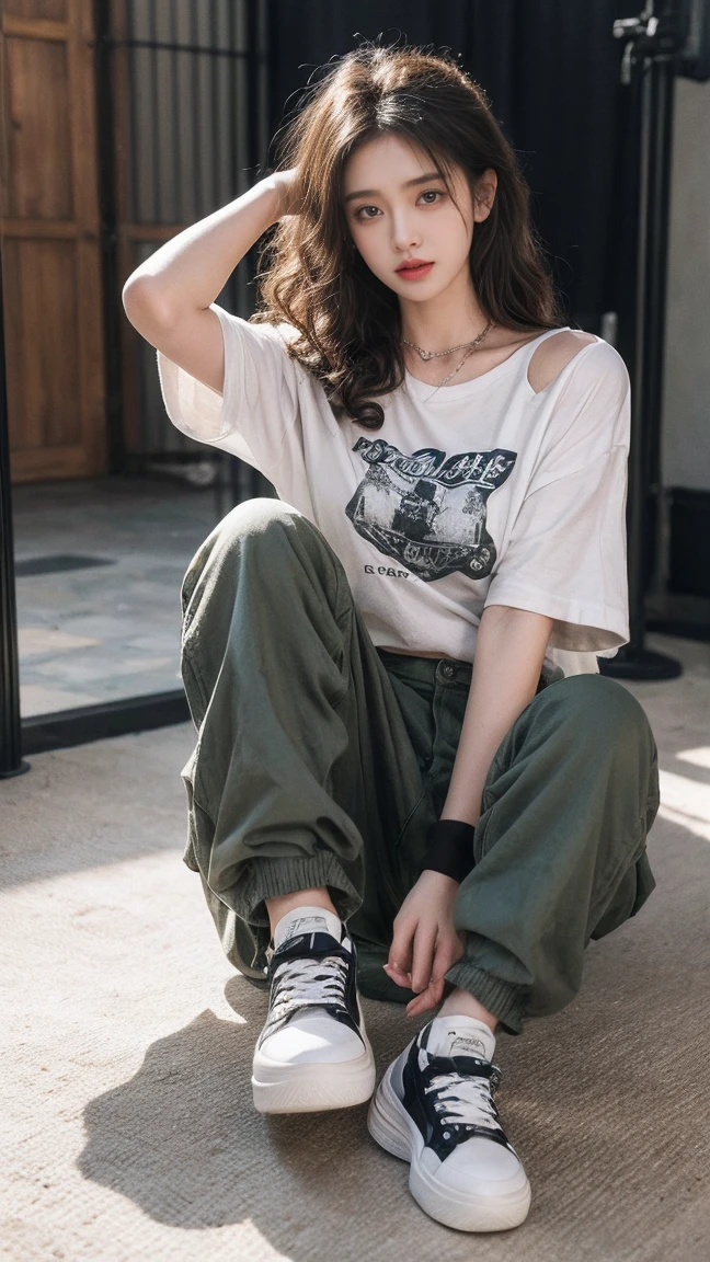 21yo girl, beautiful, curly hair, (chain neck), (wearing baggy t-shirt), (wearing cargo trousers), sneakers, natural big breast, plumpy body, in front of mirror, modern cinematic lighting, ray tracing, drop shadow wide shot UHD, textured skin, high details, best quality 4K, selfie pose, looks graceful, Grunge style create a photo realistic image that the viewer has never envisioned before,the image should demonstrate extreme creativity,imaginative,bold,inspiring,original in subject,original in style,amazing composition,intricately detailed,absurdly complex.