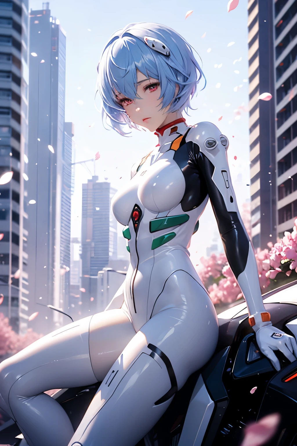 (Realistic, photoRealistic), ayanami, One Girl, Blue Short Hair, White hair ornament, (underwear), Sit on the ground, noon、Buildings、(Cowboy Shot),(Tabletop, high quality, 最high quality), (colorful),(Delicate eyes and face), Volumetric Light, Ray Tracing, Highly detailed CG Unity 8k wallpaper,alone、((Fluttering petals)),Outdoor, ((cyber punk)), Cyber City, ((Neon Trim)),frontage,(Spread your legs)