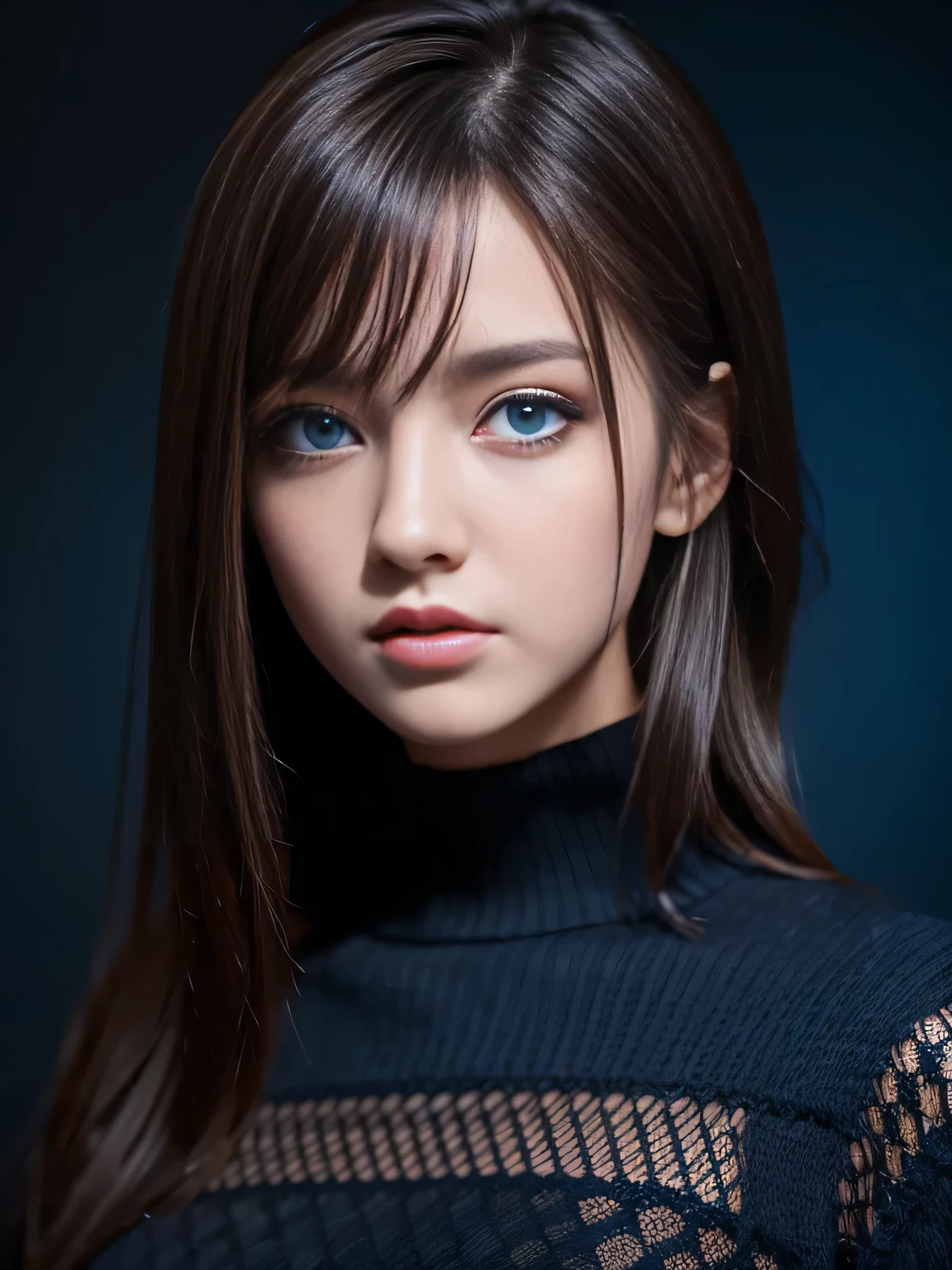 masterpiece, best quality, ultra-detailed, intricately detailed hyperdetailed, realistic, sharp features, highly detailed, sharp focus, (Japanese idol:1.3), 19 years old, perfect face, perfect and delicate Blue eyes, perfect full lips, flexible female form, cinematic, hyper detailed, hyper realistic, high resolution, gloomy shadow, brown hair, messy hair, Black sweater, portrait, head shot, blue and purple lighting, (Dark room:1.3), (rim light:1.3), (Dimly light:1.3), (Dark night:1.3), Indoors, (dark fantasy),