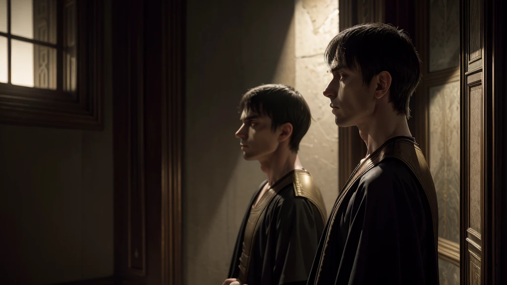 Cinematic, realistic scene of Pilate reflecting on his decisions, solitary setting, Pilate's pensive expression, evening light casting long shadows, somber and introspective atmosphere, detailed period clothing