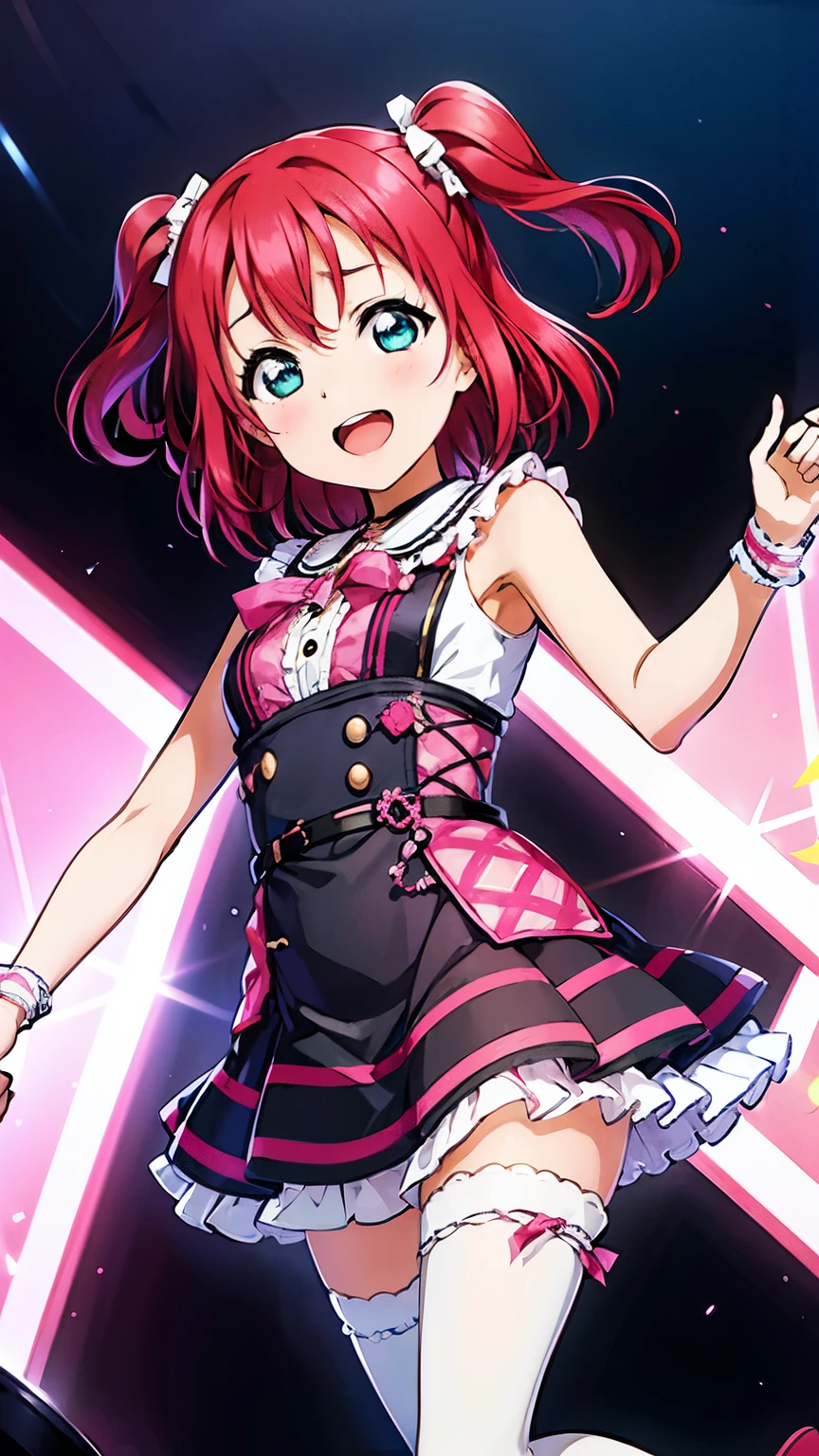 best quality, ultra high res, 1girl, solo focus, pink minidress, (see-through skirt:0.8), black thigh highs, frills, ribbons, studio background, floating hair, looking at viewer, facing front, kurosawa ruby