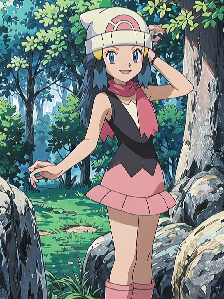 masterpiece, best quality, 1girl, dawn \(pokemon\), beanie, long hair, blue hair, blue eyes, black sleeveless shirt, pink scarf, pink skirt, pink boots, smile, looking at viewer, forest background